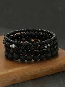 4pcs Vintage Matt Black Beaded Bracelets & Wooden Bead Bracelets For Men - Punk Style, Casual Street Fashion Accessories, Gift For Father's Day