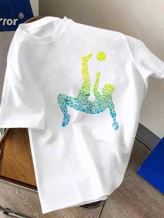 1 Stück weißes Fußball-Grafik Rundhals Kurzarm T-Shirt, geeignet für Jungen, Sommer Sport T-Shirt für sportliche Jungen