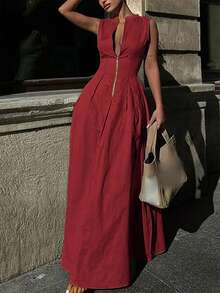Fashion Casual & Versatile Sleeveless Women Dress, Spring/Summer Elegant - Burgundy - View 4