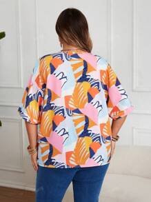 Plus Size Women V-Neck Printed Short Sleeve Tops, Casual Summer Holiday Wear