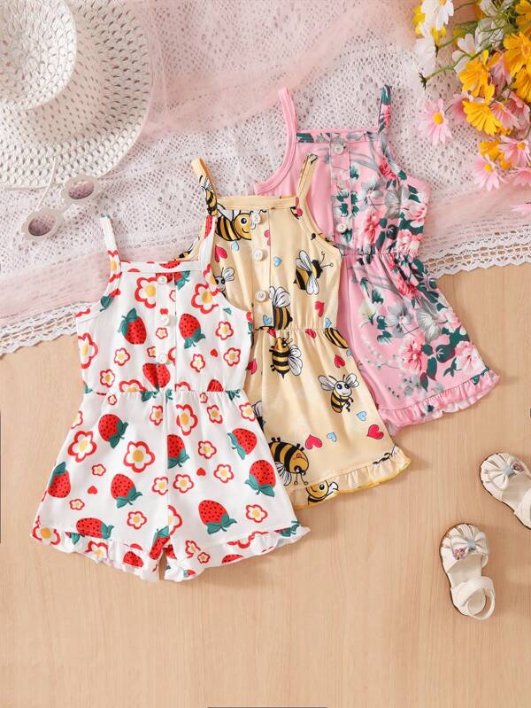 3pcs/Set Toddler Girls Cute Casual Sports Romper, Floral Print With Ruffle Hem Elegant Design Sleeveless Jumpsuit