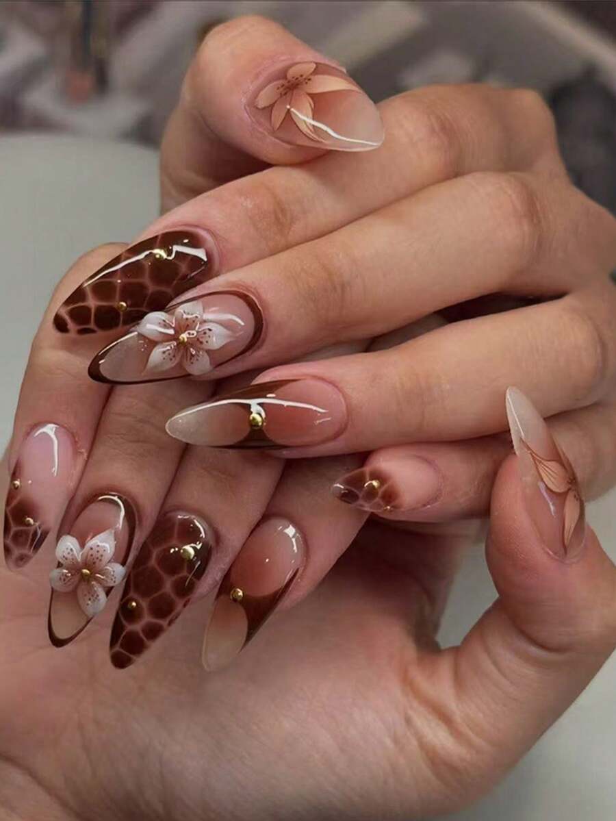 24 件长杏仁 3D 凝胶指甲，打造花朵指甲设计法式尖头按压指甲，中号仿珍珠设计，完美贴合亚克力假指甲套装，包含：1 件果冻胶和 1 件指甲锉，法式杏仁尖头指甲，适合女士女孩日常工作节日派对使用美甲用品 - 彩色 - 查看 1