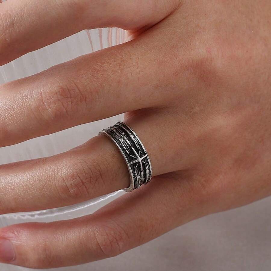 1 szt. Srebrny Punk Gothic Retro Starry Night Art Ring dla mężczyzn | Regulowany otwarty pierścień Rock Handmade Jewelry Accessories Gift