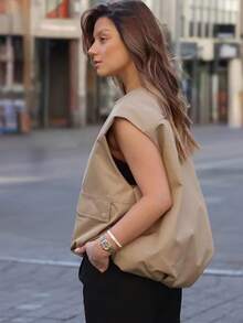 女士圆领无袖背心 时尚百搭双拉链背心 高街褶裥下摆宽松休闲背心 夏季 - 卡其色 - 查看 6