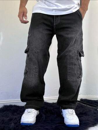 1 件休闲男士宽松渐变灰色牛仔裤