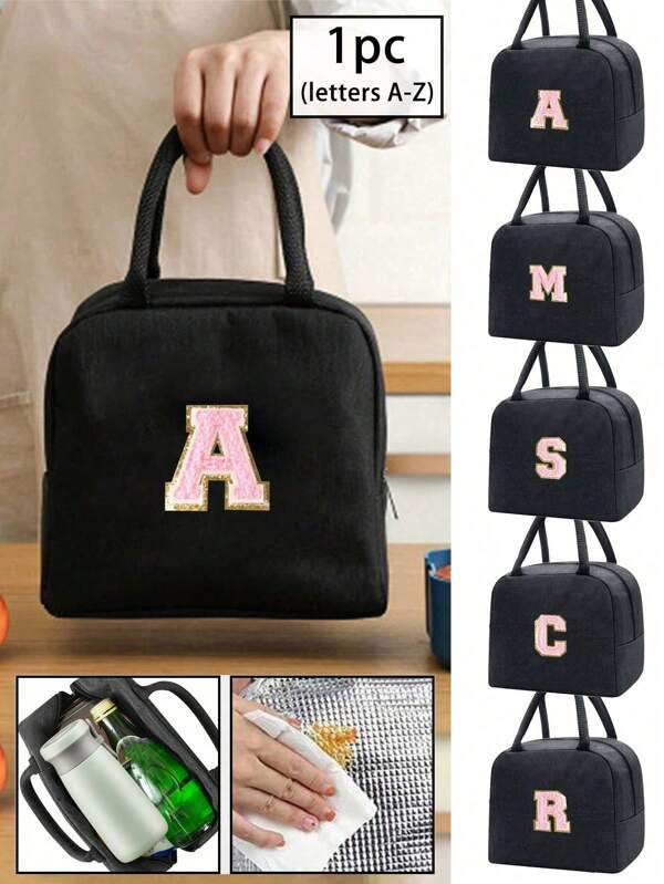 1pc Insulated Bag, Insulated Lunch Bag, Boys And Girls School Cooler, Handbag, Lunch Box, Ice Bag, Picnic Food Handbag, Towel Embroidered Letter Pattern Lunch Box, Canvas Lightweight Portable Lunch Storage Bag, School Office Picnic Lunch Handbag (Black)