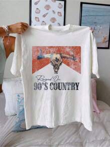 Raised On 90's Country - Retro Country - Music Tee,Casual Print,Comfortable And Versatile,Letter Pattern Pure Cotton  Printed T-Shirt