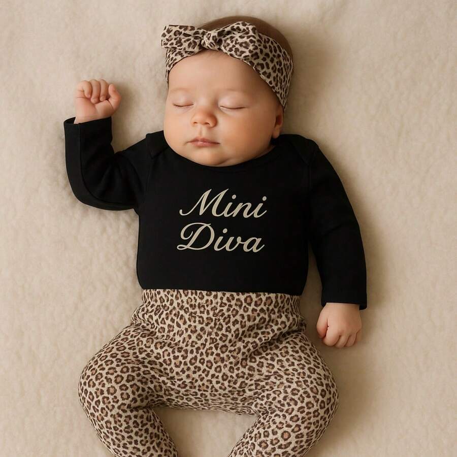 Sempre Bebê Baby Girl Clothing Set Long Sleeve Bodysuit With Pants And Headband Blogger Diva Kitten Leopard Print Bow Outfit Winter Cold Weather Set Mini Diva Leopard Print - Bronze - View 1