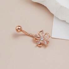 1pc Stainless Steel Flower & Zirconia Delicate Navel Ring, Fashionable Body Piercing Jewelry, Valentine's Day Gift - Stainless Steel Flower Navel Ring - View 3