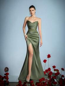 Elegant Strapless Empire Waist Evening Gown With Ruched Bodice – Asymmetrical High Slit, Art Decor Beading For Modern Art Gala & Surrealist Evening Events, Formal, Party Dress, For Wedding Guest - xanh quân đội - Xem 1