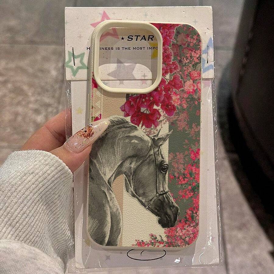 1pc TPU Material Elegant White Horse & Flower Pattern Phone Case Compatible With IPhone - White - View 1