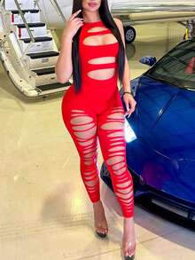 Women's Sexy Bodycon Long Sleeveless Jumpsuit With Ripped & Cut-Out Details - Red - View 3