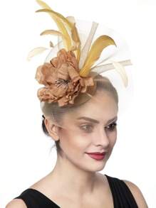 1pc Halloween Costumes Women's Organza Fascinator Hat Church Kentucky Derby British Flower Feather Fascinator Bridal Tea Party Accessories Hat Gold Halloween Accessories, Tiny Hats, Mini Cap, Wedding Items