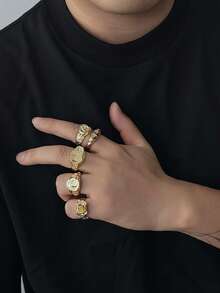 5pcs/Set Men's Unique Rhinestone Embellished Crinkle Texture Metal Style Ring Set - Gold - View 1