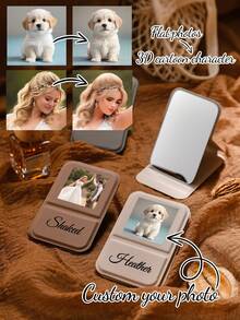 1pc Folding Makeup Mirror, Turn Uploaded Photos Into 3D Cartoon Characters, Customize Your Name, PU Leather, Simple, Portable Handheld Makeup Mirror, Suitable For Dormitories, Desktops, Travel Simple Dressing Mirror, Foldable, The Best Gift For Mother's Day, Wedding Gifts, Birthday Gifts, Housewarming, And Valentine's Day.