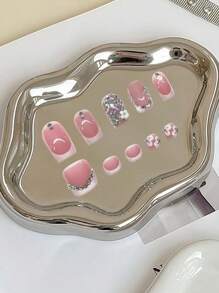 48 piezas Conjunto de uñas postizas Flash Diamond francesas cuadradas 2 en 1 para manos y pies, uñas postizas modernas y dulces para mujeres y niñas para usar uñas falsas uña falsa uña acrílica