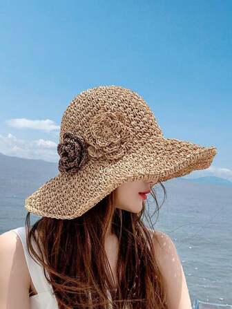 1 件女士时尚草帽，户外旅行必备礼物，适合日常生活，可折叠，花卉，宽边，海滩，度假，防晒帽