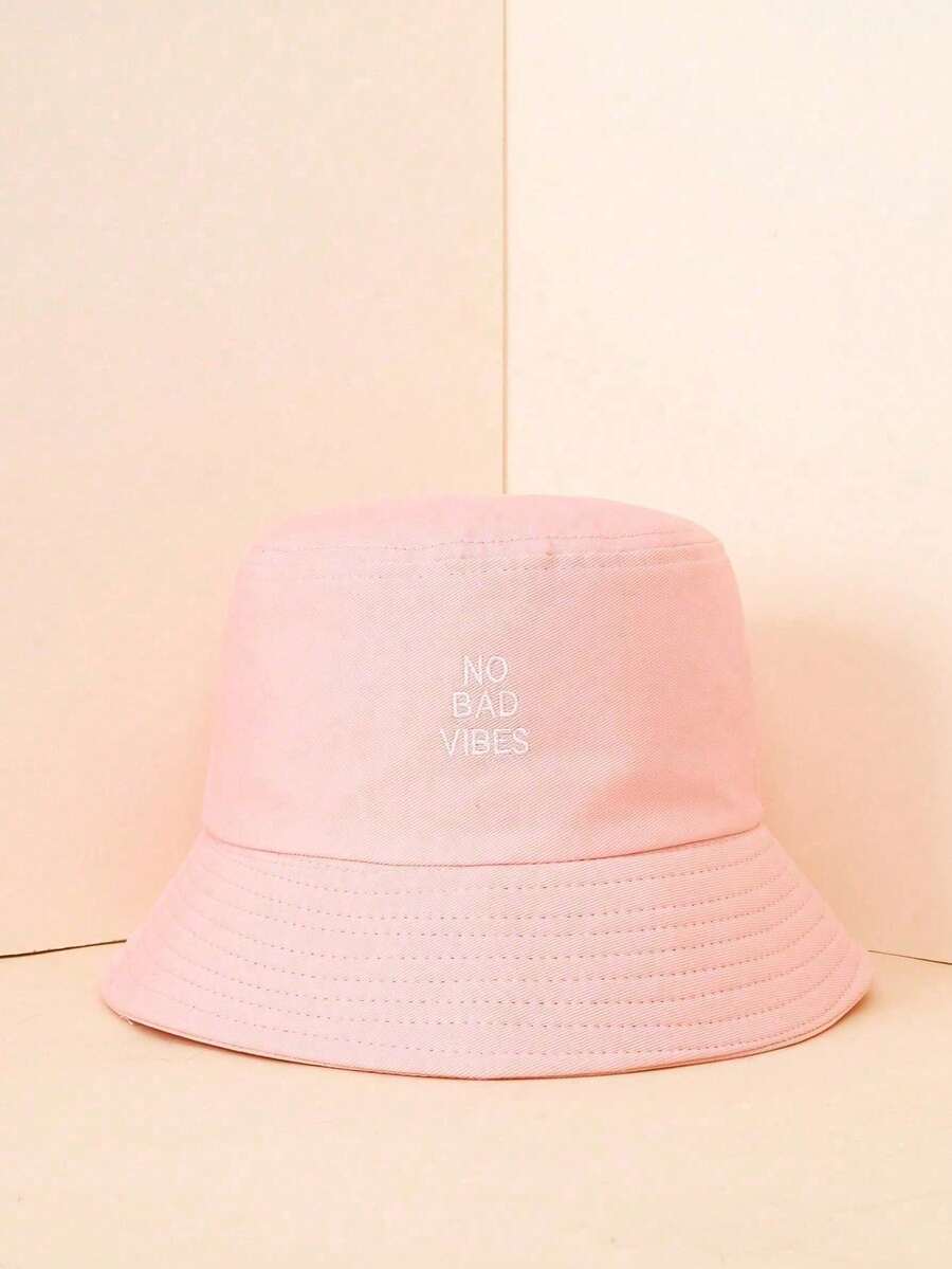 1顶男女通用刺绣“No Bad Vibes”字母透气防晒渔夫帽，适合户外休闲、夏季、海滩、度假、旅行等场合。 - 粉色 - 查看 1