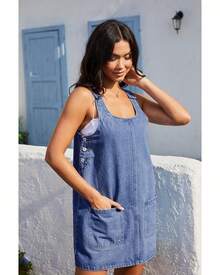 Womens Adjustable Strap Denim Overalls Loose Pure Color Dress Sleeveless Jeans Dress With Pockets And Button - 藍色 - 查看 5