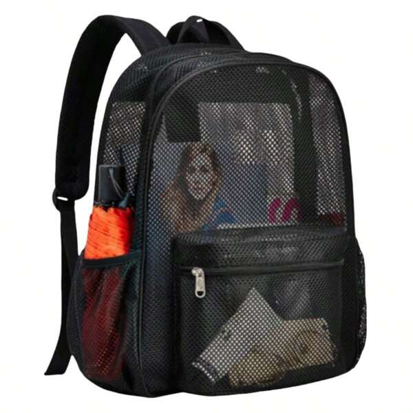 Mochila con cierre de cremallera de malla de gran capacidad y ligera, diseño resistente y transpirable, alta capacidad de carga, adecuada para aventuras al aire libre y viajes diarios, bolsa de playa minimalista