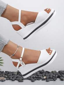 New Women's Fashion Solid Color Peep Toe Party & Holiday Style Strap Buckle Decor Wedge Platform Sandals - White - View 3