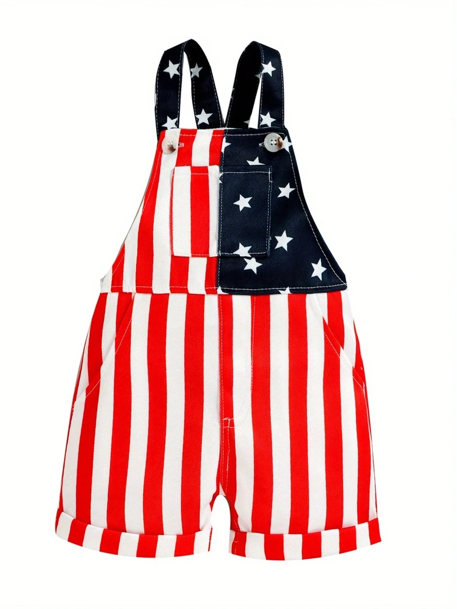 Mono para bebé, diseño del Día de la Independencia, con estampado de rayas y estrellas, sin mangas, con tirantes, estilo bonito - Rojo - Ver 1