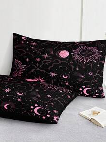 3pcs Galaxy & Cosmos Themed Bedding Set (1 Fitted Sheet + 2 Pillowcases, Pillow Not Included), Ultra-Soft Microfiber Fabric, Suitable For All Seasons, Mysterious Starry Sky Decor