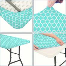 1件提供多种几何图案弹性桌布，方形和圆形尺寸可选。采用牛奶丝材质制成，适合春夏季节。这些桌布可用于装饰厨房、餐厅和庭院，也可用于装饰不同尺寸的餐桌。非常适合家庭聚会和户外野餐。