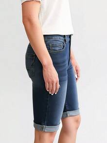 Women's Casual Denim Shorts With Pocket And Rolled Hem, Versatile Style - Blue - View 2