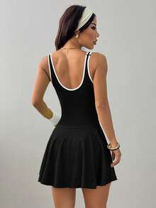 TCVC Women's Cross Racerback Sports Dress With Pockets, Fitted Solid Criss-Cross Backless Tennis Dress, Breathable Fabric For Indoor & Outdoor Yoga, Slimming Silhouette - Black - View 2