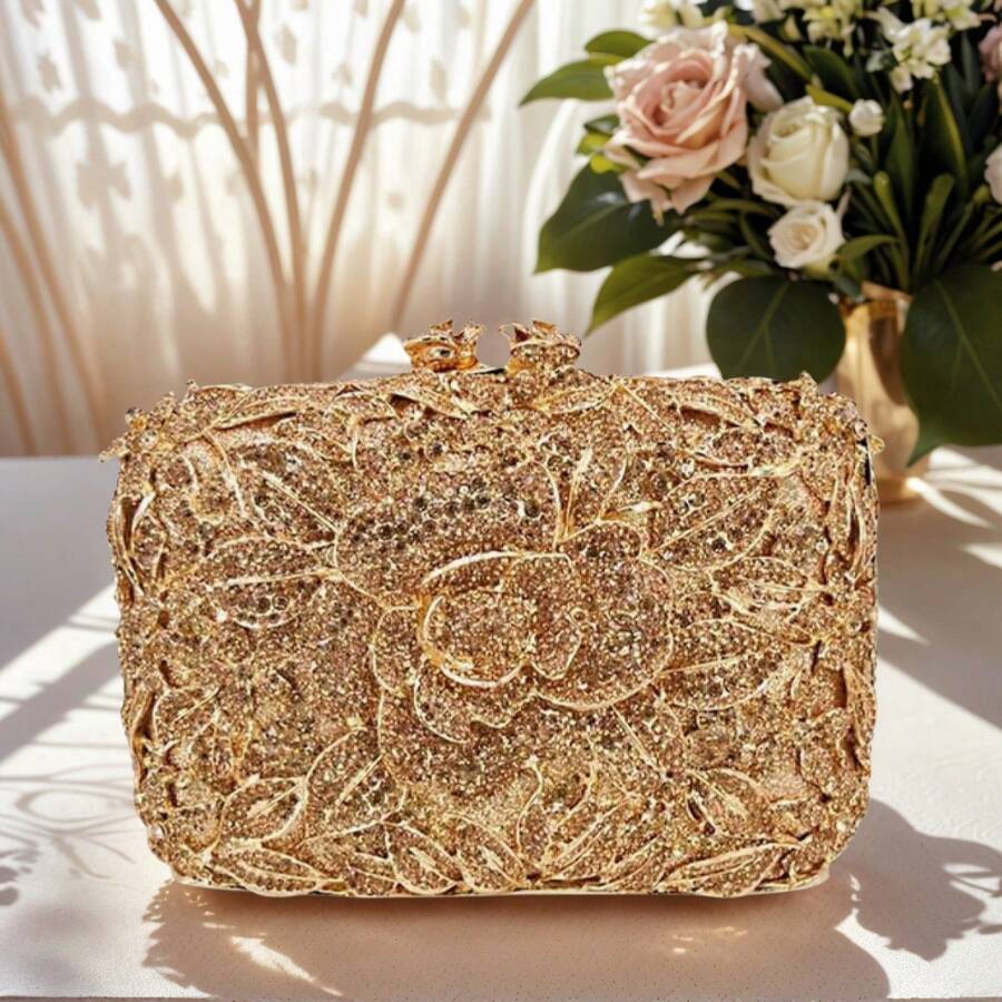 Women Floral Rhinestone Purse Flower Evening Clutch Diamond Evening Bags For Party Prom - Vàng - Xem 1