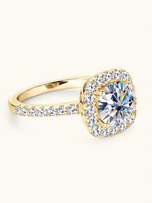 XUJIA 1pc 2 Carat Halo Moissanite Engagement Ring, 925 Sterling Silver, 8mm Round Cut Moissanite, 1.7mm & 1.9mm Cubic Zirconia Accents, Anniversary Wedding Band, Jewelry Gift - Yellow Gold - View 7