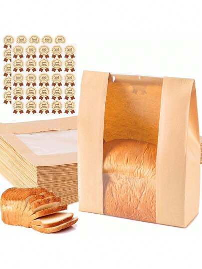 Bread Bags For Homemade Bread, 50 Sour Dough Paper Bread Bags, Large Baking Bags With Windows For Baked Goods Packaging, Storage And Gift Giving, Includes 50 Bread Stickers.