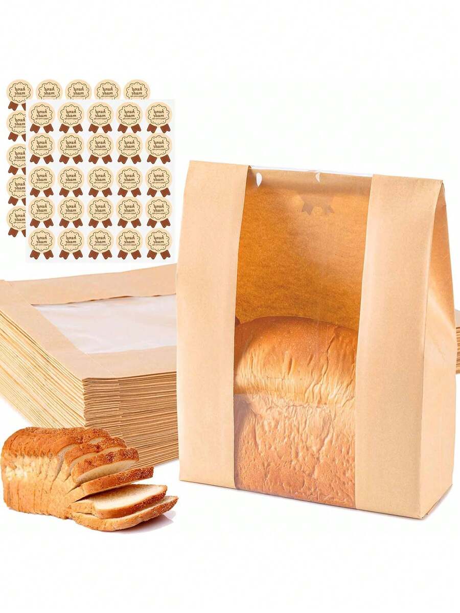Bolsas para pan casero, 50 bolsas de papel para pan con masa madre, grandes bolsas de hornear con ventanas para el envasado de productos horneados, almacenamiento y regalo, incluye 50 pegatinas para pan.