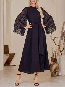 Stand Collar, Bell Sleeve Arabic Style Dress - Black - View 4