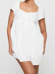 Women Summer Casual Short Dress Short Sleeve Solid Color/Stripe Print Square Neck Empire Waist Mini Dress - 白色 - 查看 1