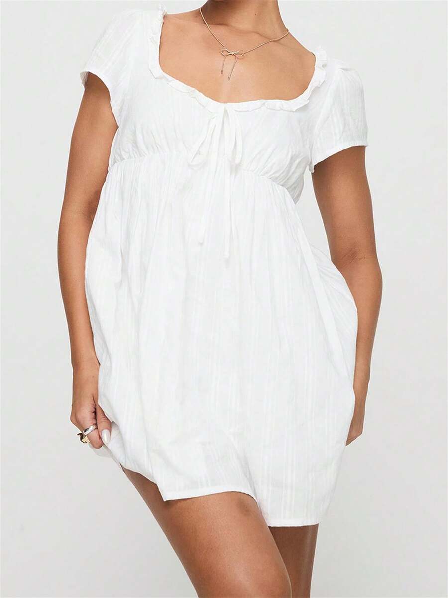 Women Summer Casual Short Dress Short Sleeve Solid Color/Stripe Print Square Neck Empire Waist Mini Dress - 白色 - 查看 1