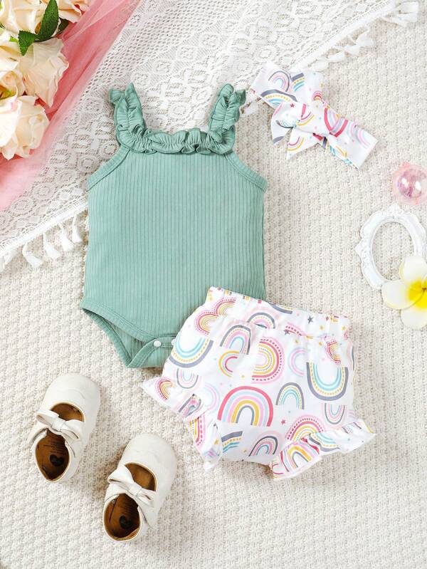 3pcs/Set Cute Baby Girls Summer Outfit - Strap Romper And Colorful Rainbow Print Shorts, Casual Daily Wear