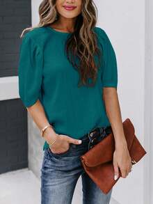 Women's Solid Short Sleeve Blouse Summer Crew Neck Casual Tops Fashion Puffed Sleeve Shirt
