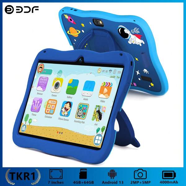 Tablette pour enfants 7 pouces/4 Go de RAM + 64 Go de ROM/Processeur quadricœur 1,3 GHz/Android 13 MTK8321/Résolution IPS haute définition 1280x800/Caméra 2 MP + 5 MP/Batterie grande capacité 4000 mAh/Compatible Wi-Fi, contrôle parental, jeux éducatifs/Fabriqué en plastique ABS + silicone BDF T10 (comprend : boîte d'emballage/câble de données/manuel/OTG/aiguille à carte)