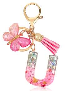 Personalized Bling Monogram Keychain For Women - Resin Letter Charm With Silvery Glitter, Pink Pebble & Gold Star Shaker - Birthday Gifts For Her, Anniversary Present With Pink Tassel & Butterfly Accent Car Accessories Bag Charm School Cute Goth Y2k - Pink - View 33
