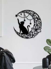1 pieza Decoración de pared de silueta de metal de gato negro y luna de arte de hierro