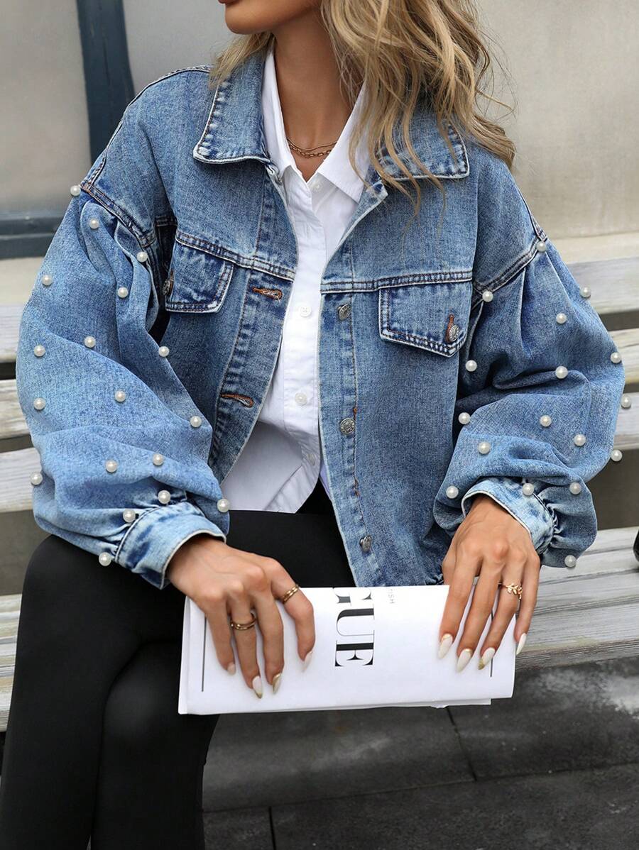 Mobula Sound Brand Women Casual Loose Pearl Decor Denim Jacket, Versatile Fashion For Daily, Party, Travel, Airport All-Matching, Spring/Summer