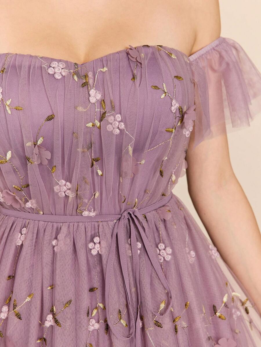 1pc Off-Shoulder Lace Ruffles Wedding Dress With Embroidery & Tie Decoration - Dusty Purple - View 1