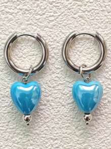 2pcs Ceramic Heart Shape Earrings With Stainless Steel Hoop, Fashionable & Cute Style For Women, Suitable For Daily Wear, Parties, Dates, Gifts For Holidays, Jewelry Gifts