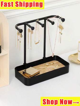 Home & Living,Storage & Organization,Jewelry Boxes & Organizers,Jewellery Organiser,Jewelry Display Stand,Tabletop Organizer Tray For Earrings, Necklaces, And Rings, Simple Hanging Rack And Wooden Tray For Hair Bands And Accessories,Dressing Table Ornament,Multi-Functional Storage Shelf Back To School