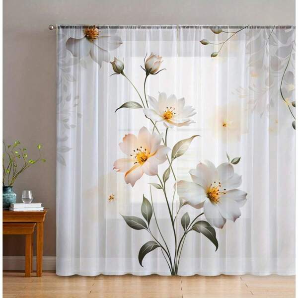 Conjunto de 2 peças de cortinas transparentes florais brancas elegantes - Design de bolso para haste para fácil instalação, perfeito para sala de estar, cozinha, café, sala de jantar e decoração de varanda
