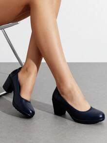 Women's Chunky Round Toe Low Block Heels Work Pumps Elegant Comfortable Solid Color Slip On Wedding Office Gift Festival Shoes - Navy Blue - View 2