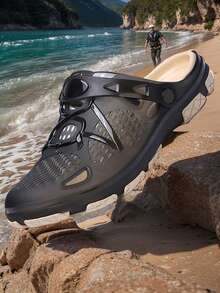 1 Pair Men's Lightweight Breathable Hollow Anti-Slip Garden Shoes, Men's Mesh Summer Sandals, Men's Casual Outdoor Anti-Slip Thick Sole Beach Slippers - Black - View 7