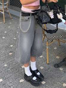 Y2K Vintage Washed Cat Whisker Pocket Wide Leg Bermuda Denim Jeans Shorts, Casual Capri Pants Summer - Light Grey - View 4